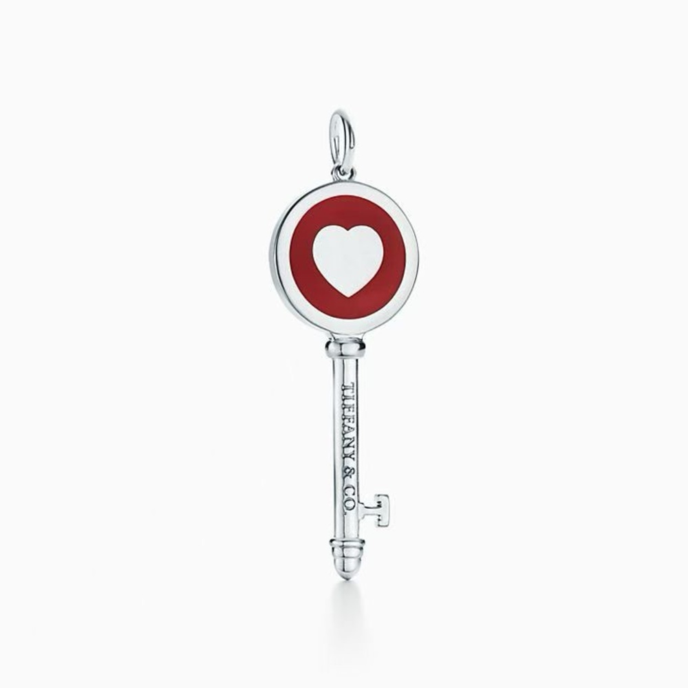 Tiffany &Co Red Enamel Heart Key Charm pendant Sterling Silver 925